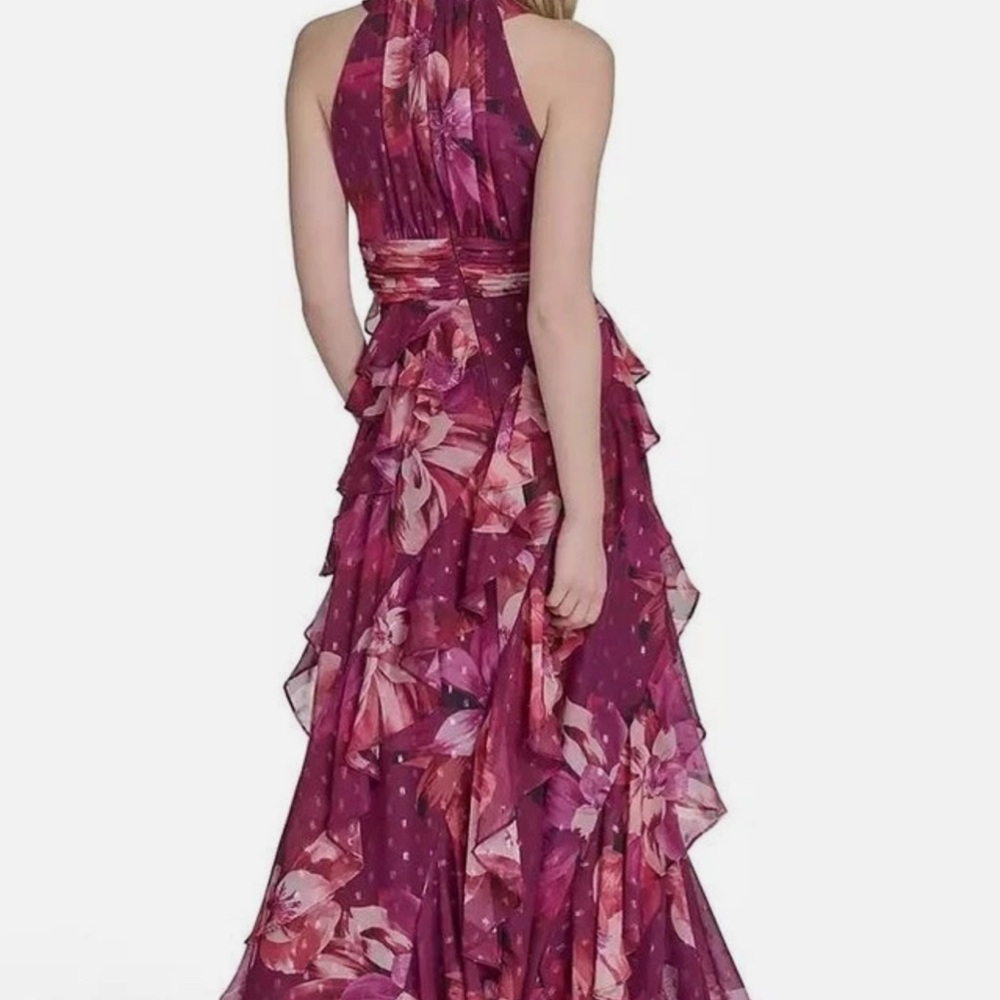 Eliza J Berry-Pink Floral Halter Ruffle Maxi Dress - Picture 3 of 4